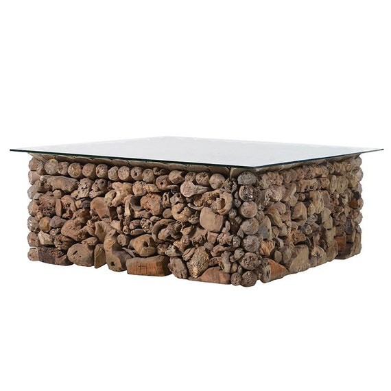 Square Driftwood Coffee Table With Glass Top by ZAUK on Etsy