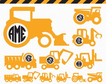Dump Trucks Circle Monogram Frames (SVG EPS DXF Studio3) Machinery Cut Files for Silhouette Studio, Cricut Design Space, Cutting Machines