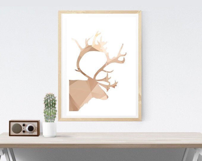 Golden Polygonal Reindeer Poster / Polygonal Poster / Reindeer Poster / Scandinavian Wall Art / Minimalist Poster / Scandinavian Poster