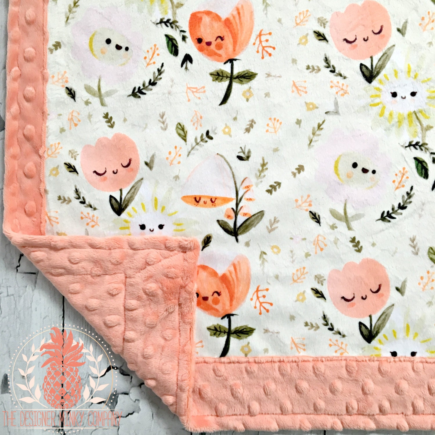 Baby Blanket Happy Flowers Designer Minky Papaya