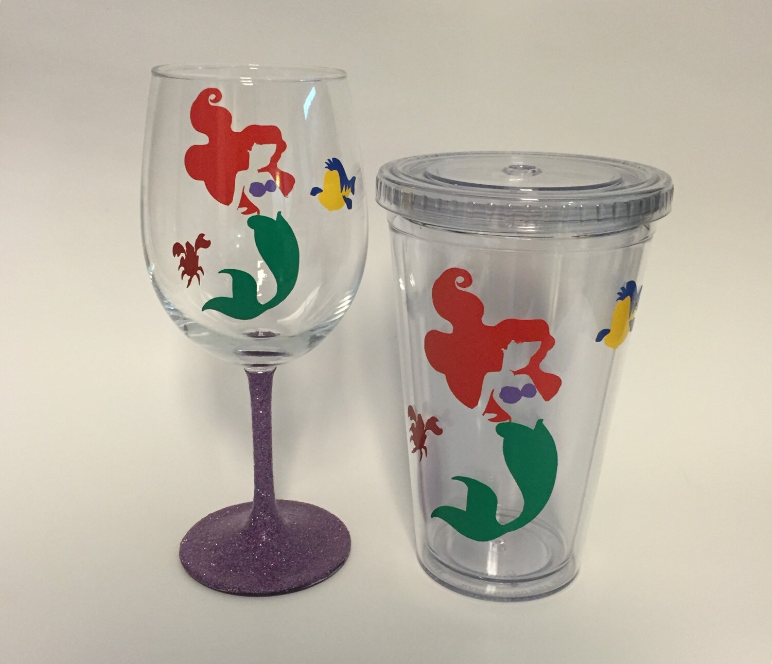 Little Mermaid glass wine stemless or Tumbler with Straw
