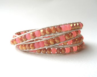 Rose gold wrap bracelet, leather wrap bracelet, boho bracelet, rose gold bracelet, pink gold wrap bracelet, pink gold bracelet