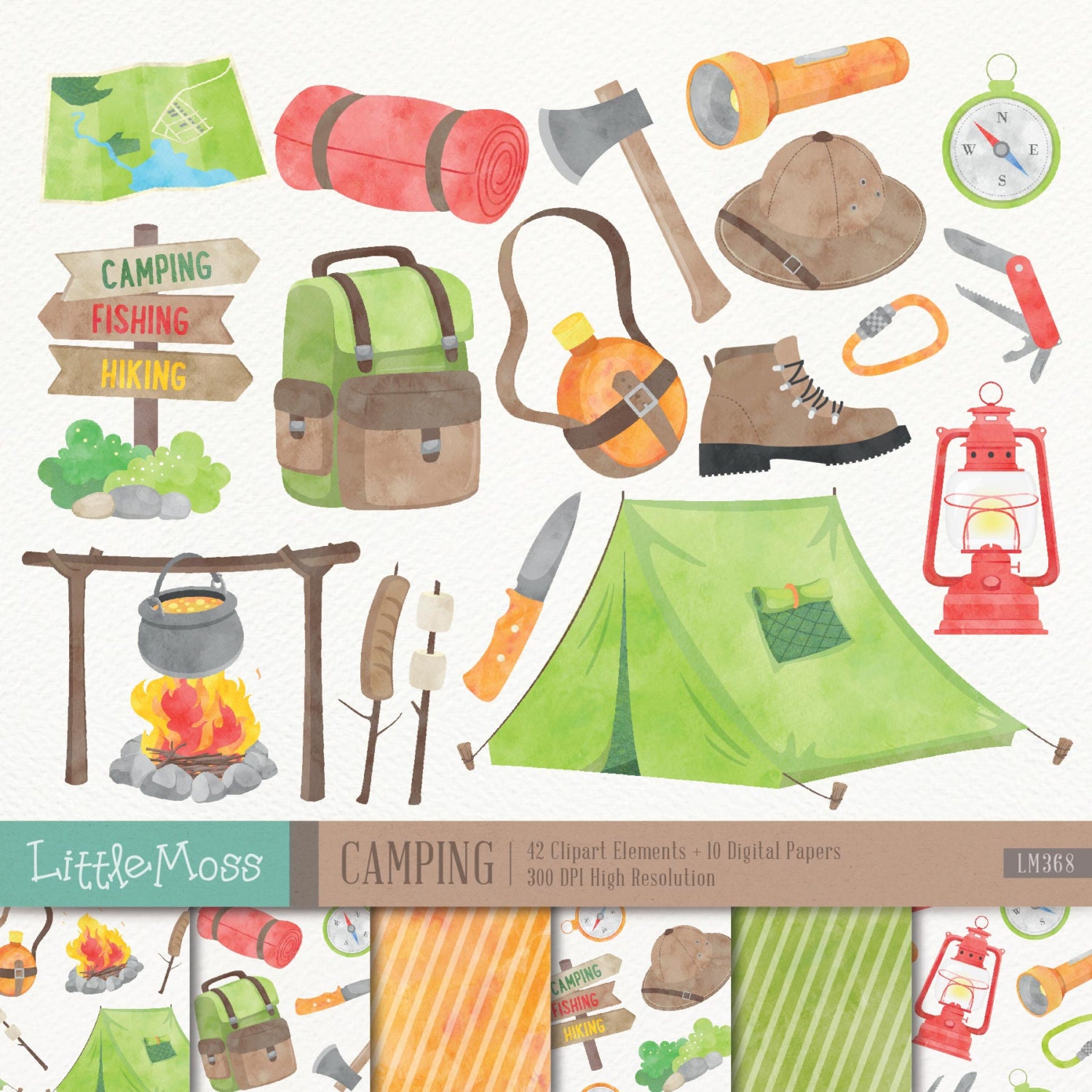 Camping Digital Clipart Watercolor Camping Clipart Outdoor