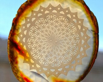 Flower of Life Vortex Mandala Engraved Agate - Sacred Geometry Home Decor by LaserTrees Geode Crystal Unique - LT40077