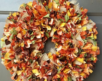 Fall Rag Wreath - Autumn Decor - Farmhouse Decor - Fall Wedding Decor - Harvest Decor - Harvest Wedding Decor - Burlap Wreath - Front Door