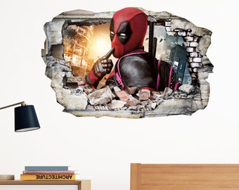 Deadpool Hush in Wall Crack SuperHeroes Kids Boy Bedroom Vinyl Decal Art Sticker Gift New XXLarge Size 955x630mm