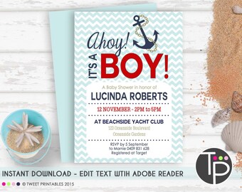 NAUTICAL Baby Shower Invitation, Instant Download ANCHOR Baby Shower Invitation, Nautical Boy Baby Shower,Edit yourself with Adobe Reader