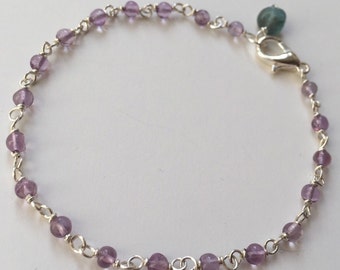 AMETHYST BRACELET- Sterling Silver Skinny Gemstone Bead Bracelet - Semiprecious Birthstone Stackable Bracelet