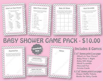 Pink Gray Baby Shower Game Pack - 70% OFF -PRINTABLE Girl Shower Games- 8 Pack - L Gray Pastel Pink Chevron Party Decor Diaper Raffle 22-20