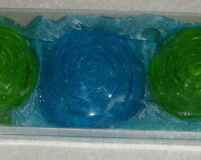 Mardi Gras Set, Green Aquamarine Floral Elegant Gift, Luxury Glycerin Scented Soaps, Summer Gift, Feast gift, Party gift, Father Day gift