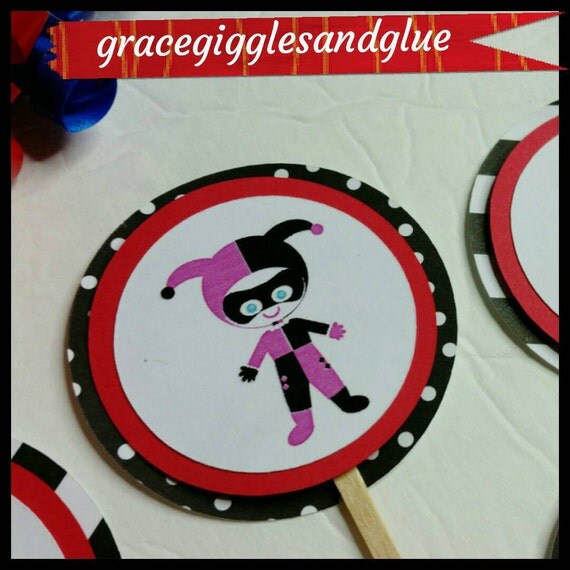 12 Harley Quinn Cupcake Toppers Superhero by GraceGigglesandGlue
