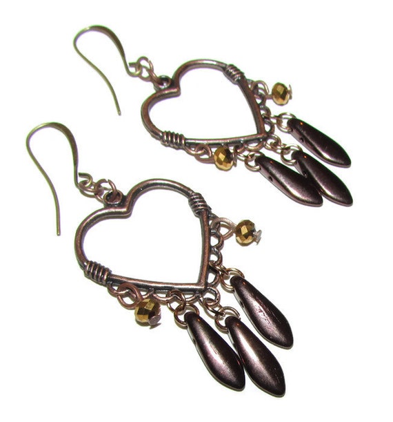 Mixed Metals Heart Earrings with Bronze Daggers