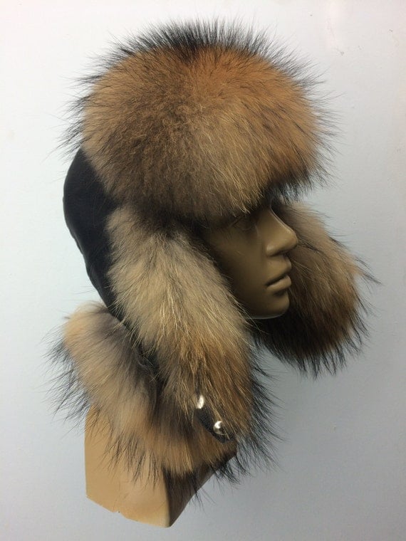 Raccoon Fur Ushanka Hat with Leather. Aviator by FurHatWorld