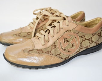 Gucci Vintage Trainers Sneakers Sports Shoes Monogramme Sz UK 6.5 / US 9 Ladies / EU 39.5 / Jpn 25 Beige Fabric Leather Trim