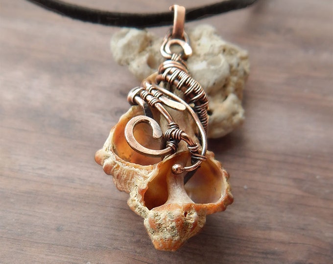 Seashell pendant, Wire wrapped, Copper Wire winding, Fantasy style, Natural material, unique conch jewelry, ocean gift, mermaid necklace