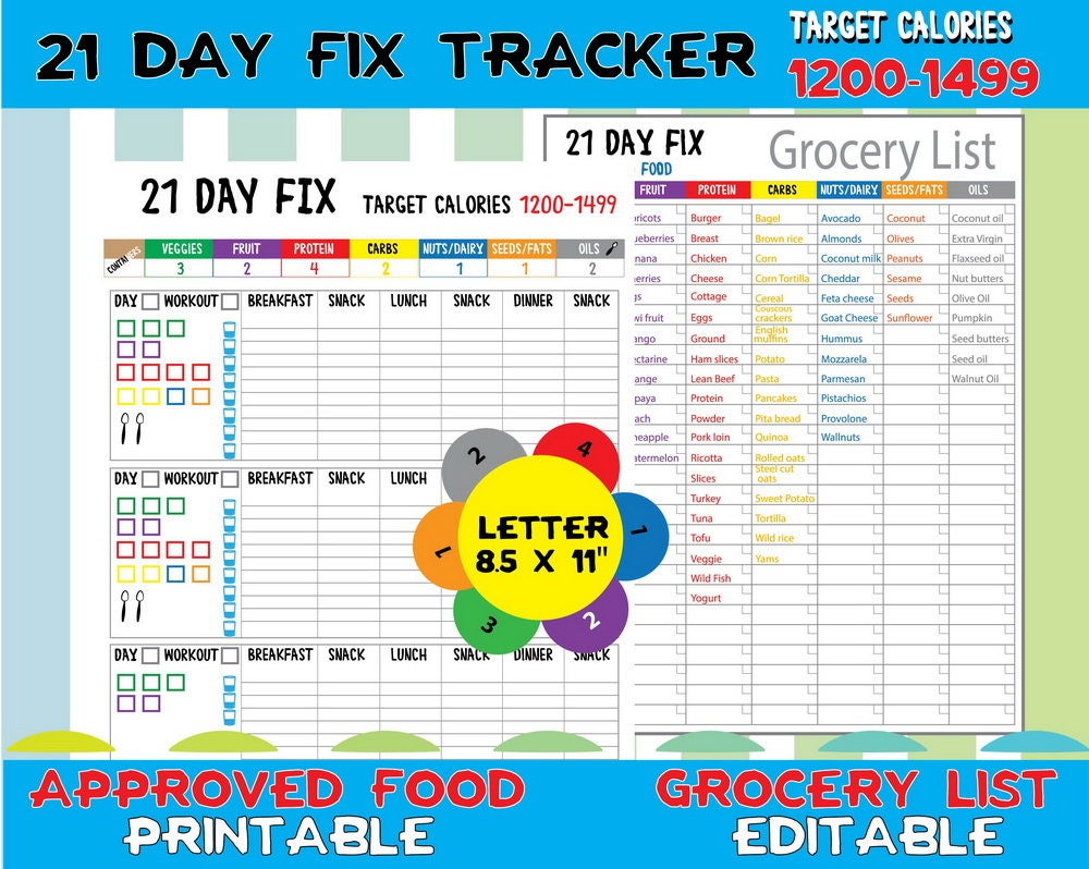 21 Day Fix Tracking Sheet Printable 21 Day by TatDigitalCreativity