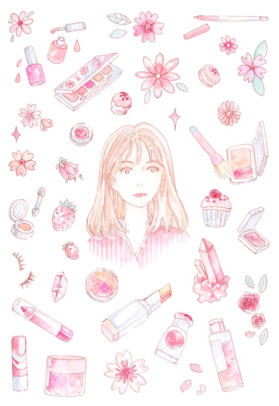 korean beauty sticker sheet makeup watercolor illustration