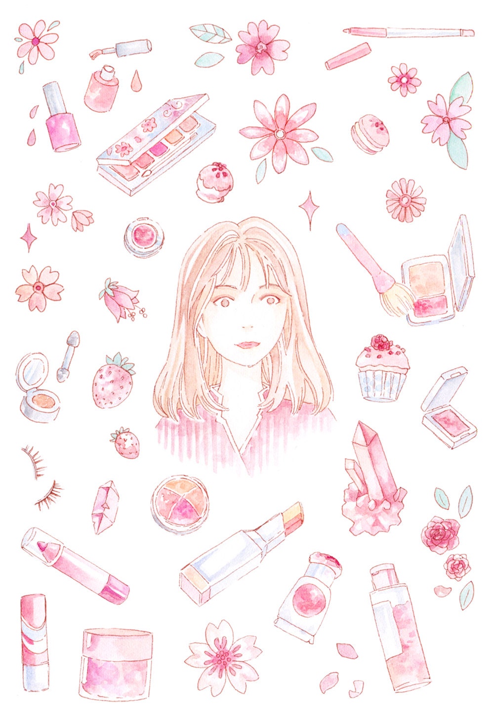 korean beauty sticker sheet makeup watercolor illustration