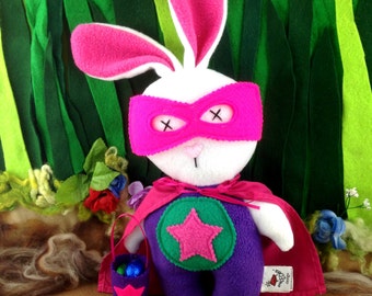 Easter Bunny plush, superhero bunny, superhero toy, handmade stuffed animal, stuffed rabbit, Easter gift.
