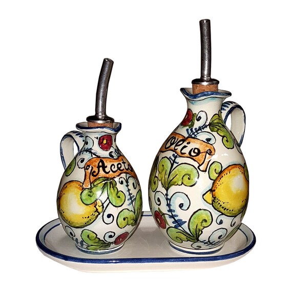 Italian Ceramic Set Cruet Oil And Vinegar Small Tray Art
