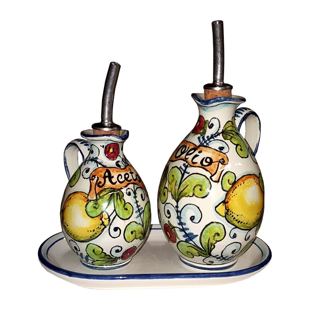Italian Ceramic Set Cruet Oil And Vinegar Small Tray Art