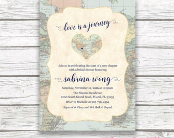 Map Travel Bridal Shower Invitation, Love is a Journey, Adventure Awaits Bridal Shower Invite, Destination Wedding, Printable Invitation
