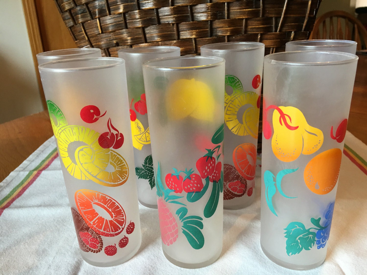Vintage Federal Glassware Frosted Fruit Pattern Set of 7