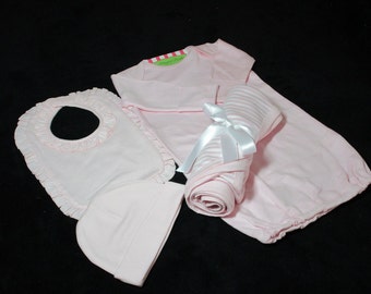 Newborn Baby Girl Coming Home Outfit-Personalized Baby Girl Cap, Gown,Blanket-Newborn Baby Girl Take Home Outfit-Baby Pink Infant Gown Set