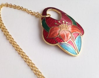 Cloisonne pendant necklace, red cloisonne pendant necklace, cloisonné necklace, cloisonné pendants, vintage cloisonné jewelry, red, N38
