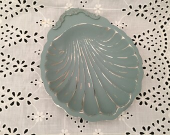 Vintage Footed Shell Silver dish Chalk Painted French Blue Distressed