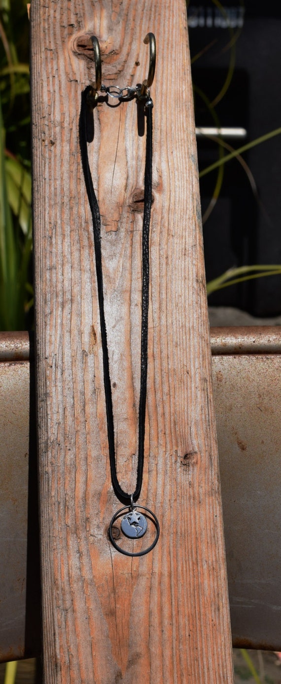 Black Leather and Silver Earth Necklace. 925 Silver. Item 154.