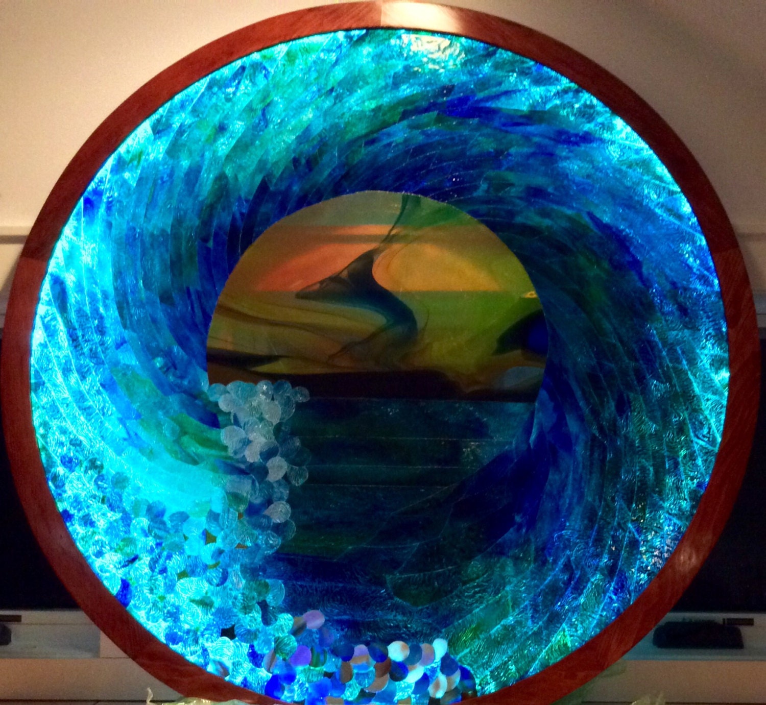 LED Lit Ocean Wave Stained Glass Mosaic