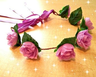 Purple Headdress, Floral Headband, Flower Crown, Hair Wreath, Head Garland, Renaissance Halo, Fairy Costume, Maiden Dress