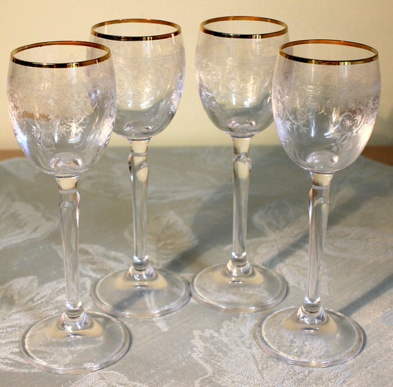 Crystal Etched Sherry Glasses 4 Vintage Gold Rimmed Long Stem