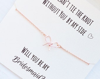 FREE SHIPPING, Will you be my bridesmaid, rose gold tie the knot necklace, rose gold bow necklace, tiny bow necklace, bridesmaid proposal