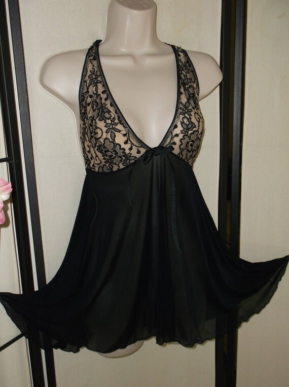 Vintage halter style babydoll nighty black/beige sheer net