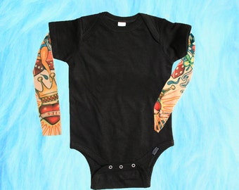 Baby Tattoo Sleeves, Tattoo Sleeve Shirt, Rockabilly Punk Hipster Baby Boy or Girl Clothes, Baby Boy Outfit, Tattoo Sleeve Bodysuit, Tattoos
