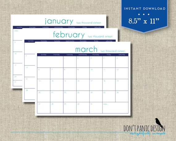 2016 Printable Wall Calendar Modern 12 Month by dontpanicOrganize