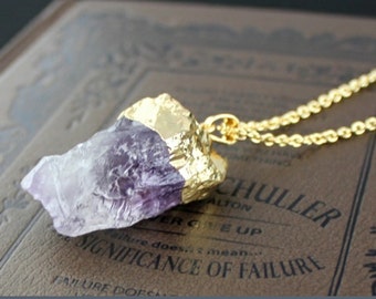 Amethyst Necklace Amethyst Pendant Gold Dipped Amethyst Crystal Necklace Rough Amethyst Raw Mineral Purple Crystal Necklace Amethyst Jewelry