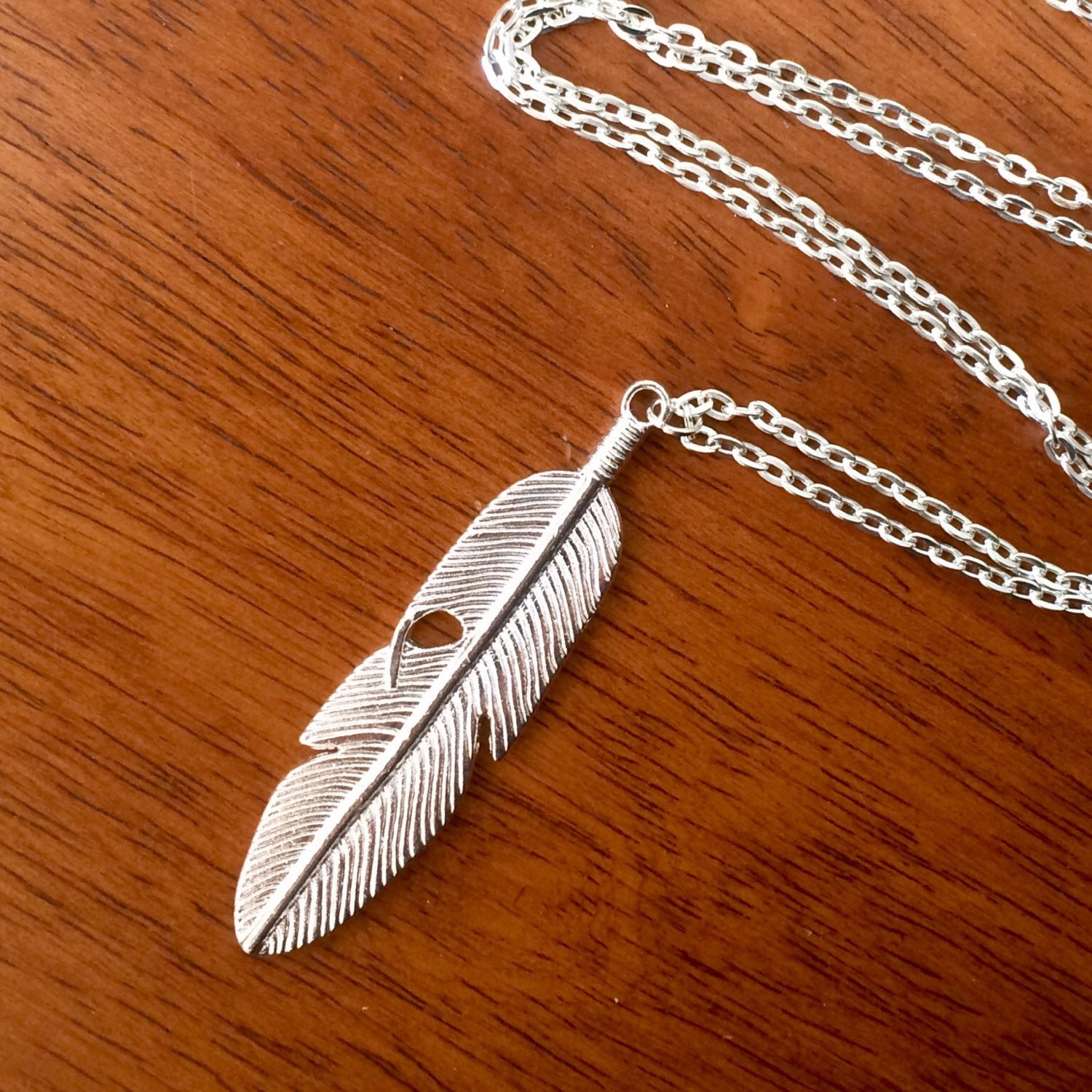 Large silver feather necklace long pendant necklace 32 inch