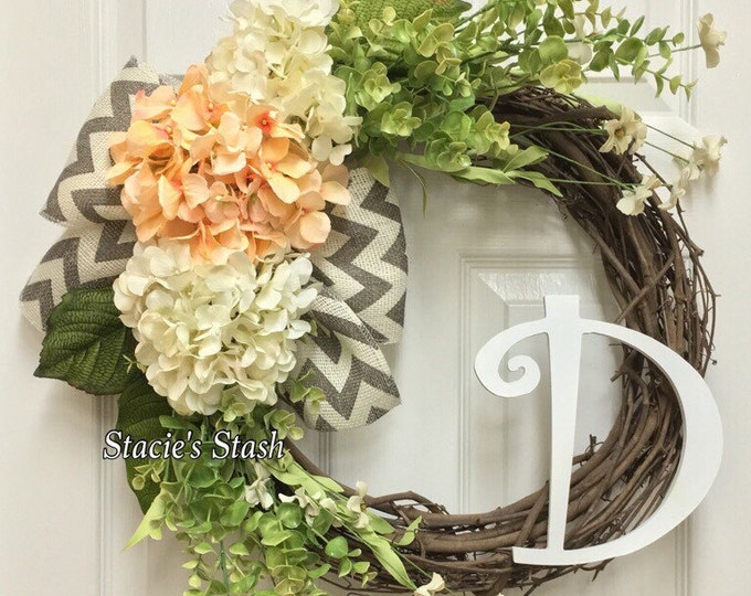 Front Door Wreath, Monogram Wreath, Summer Wreath, Initial Wreath, Letter Wreath, Hydrangea Wreath, Neutral Wreath, Door Decor