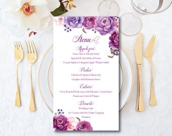 Wedding Menu Card, Purple Menu Card, Wedding Menu, Printable Floral Roses Menu, Wedding, Menu, Roses, Purple Wedding, Elegant Menu