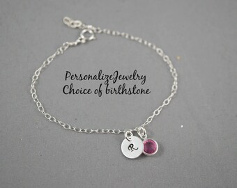 Birthstone with Initial Bracelet, Personalized Bracelet with Birthstone Charm Swarovski Crystals Sterling silver Dainty Bracelet Adjustable