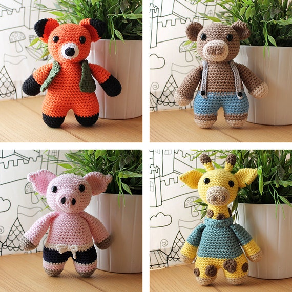 Animals: Fox, Bear, Piggy & Giraffe. Amigurumi Pattern PDF.