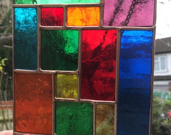 Copper Multi Colour Abstract Stained Glass Suncatcher Art Panel Handmade Stained Glass Panel - designsinglass - CRhodesGlassArt
