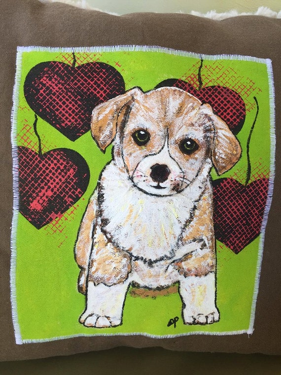 Puppy Love Throw Pillow Lime Green and Brown by BagLadiesBoutique
