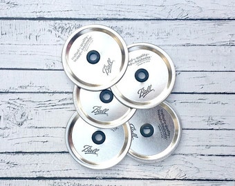 Set of 12 Wide Mouth Mason Jar Lid with Hole // Mason Jar Lid and Grommet // Lid for Mason Jar Wide Mouth