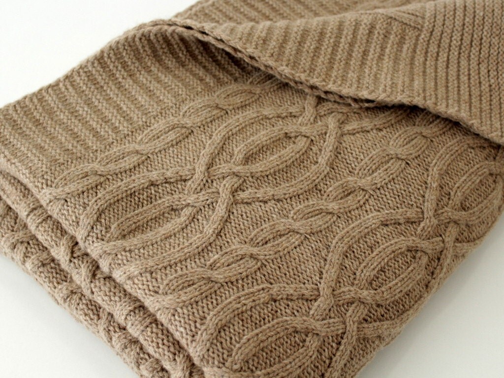 Brown Wool Blanket Cable Knitted Lambswool by onTheRainbow