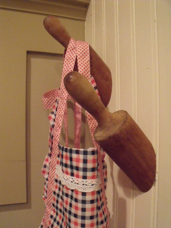 vintage rolling pin apron hanger with apron and by HumbleBumbler