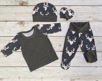 SET SALE! Boys Outfit Set, Lap Neck Tee, Footie Pants, Art Gallery Knit, Going Home Outfit, Boys going home outfit, Buck Blue Spring Summer